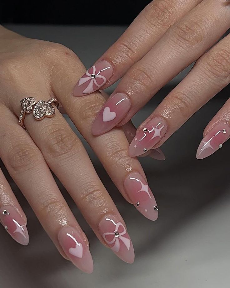 Romantic Pink Press On Nails, Cute Heart & Bow Design for Valentine's Day, Valentine's Day Press On Nails, Pink Nails with Bow on Fake Nails
